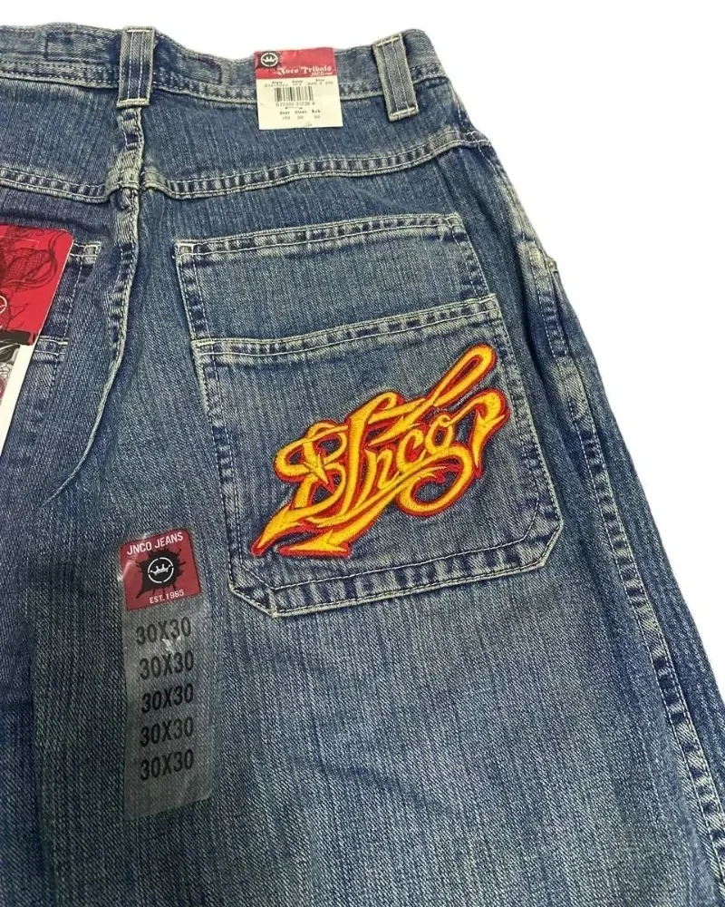 JNCO bordir Y2K pakaian celana kargo pria jeans kualitas tinggi Hip Hop streetwear longgar jeans Harajuku vintage lebar kaki jeans