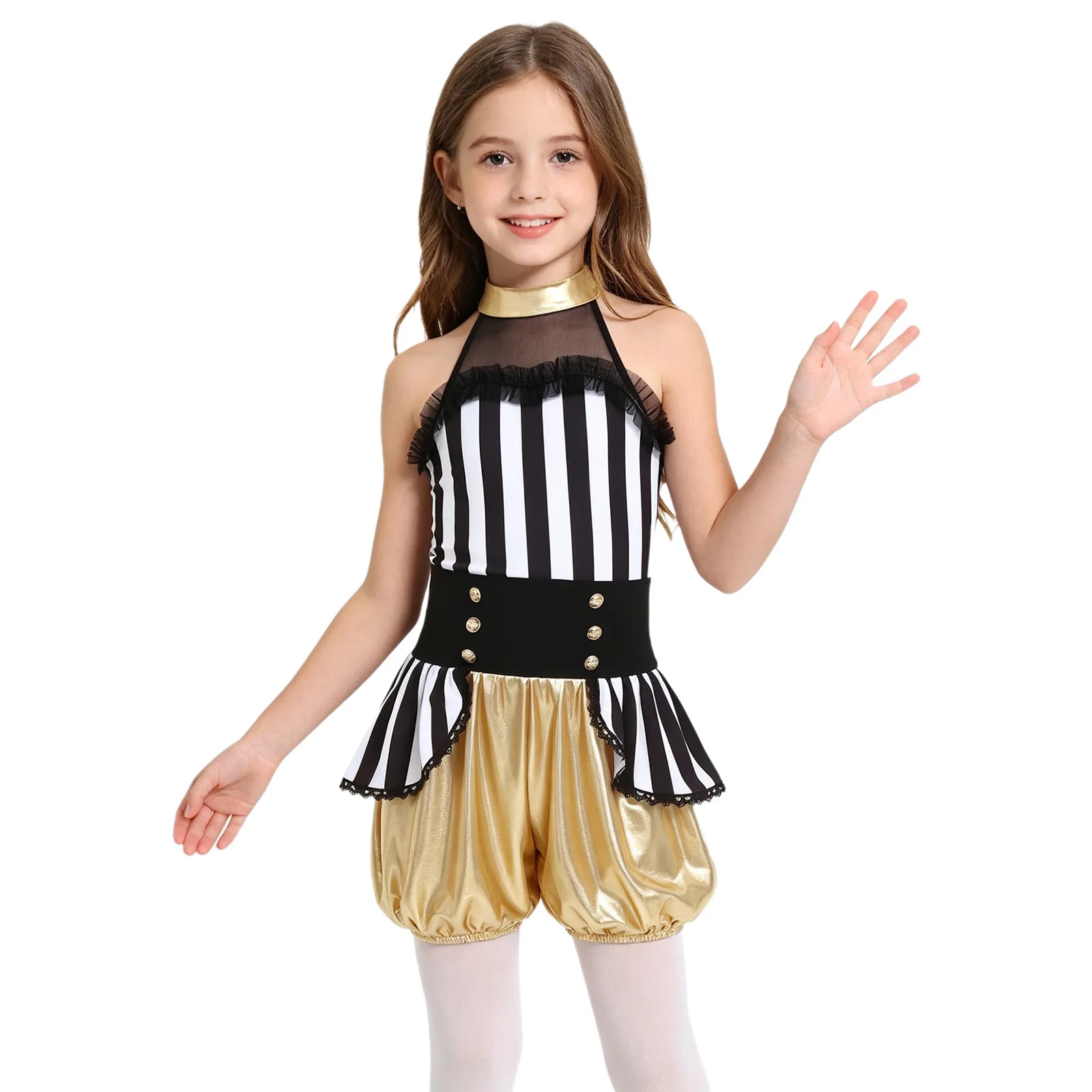 Girls Circus Ringmaster Dress Up Jumpsuit Costume Sleeveless Waist Overlay Metallic Gloss Halloween Cosplay Performance Outfit
