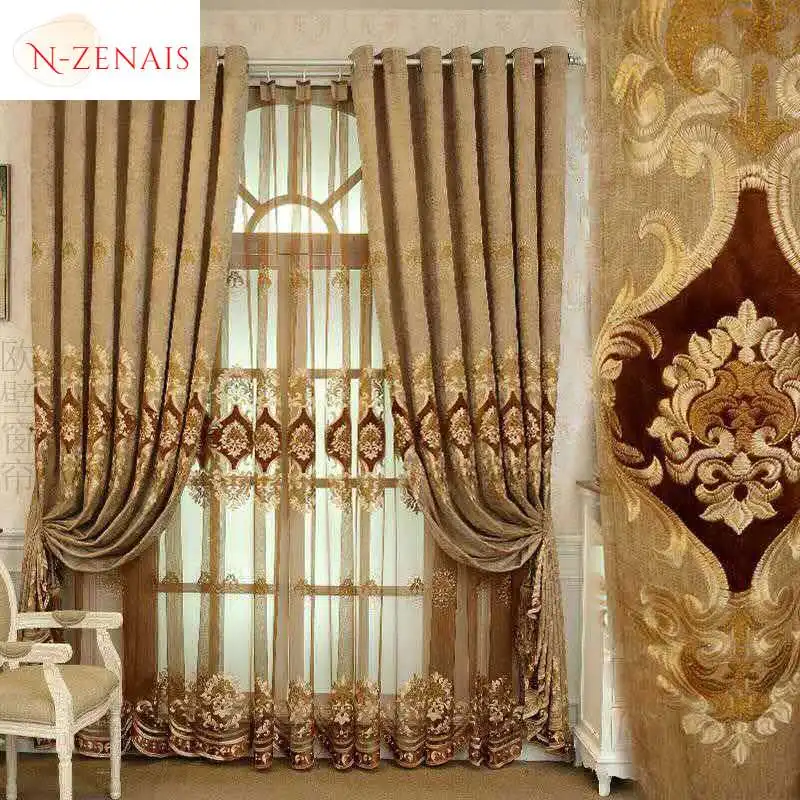 European Coffee Chenille Embroidery Luxury Curtains for Living Room Bedroom Dining Blackout Elegant Window Decor Tulle Valance