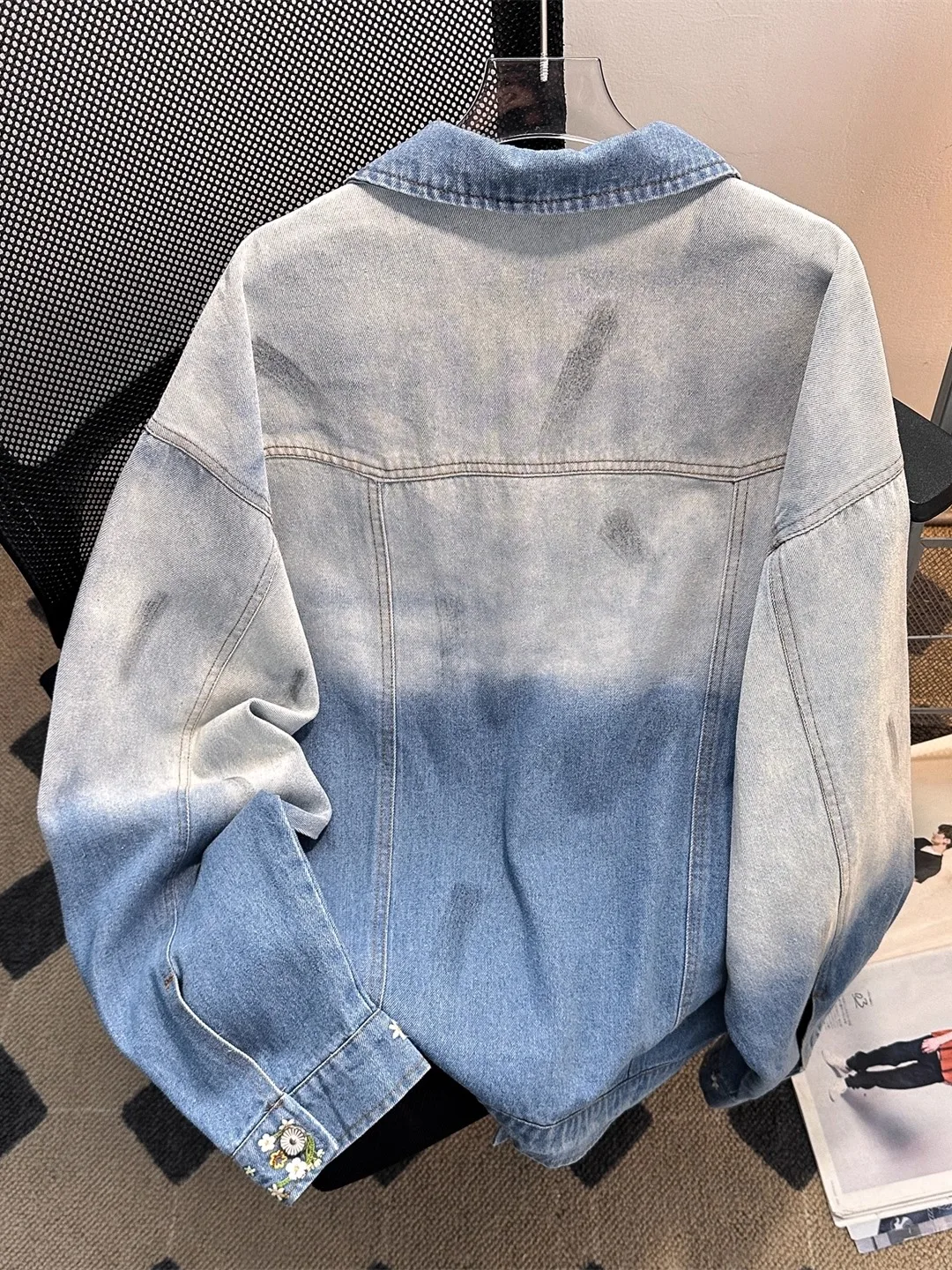 Floral Embroidered Denim Jacket For Men Spring Autumn Lapel Fashion Washed Gradient Coat American Fashion High Street Jackets