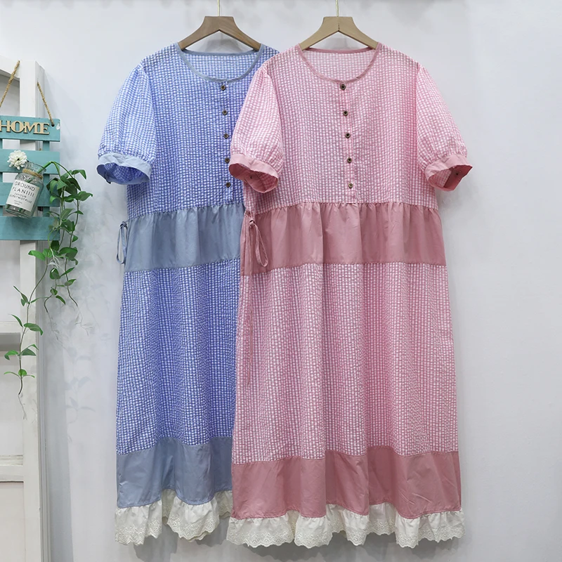 

Summer Japanese Sweet Mori Girl Vintage Plaid Patchwork Dress Women Japanese O-Neck Short Sleeve Casual Loose Long Dresses