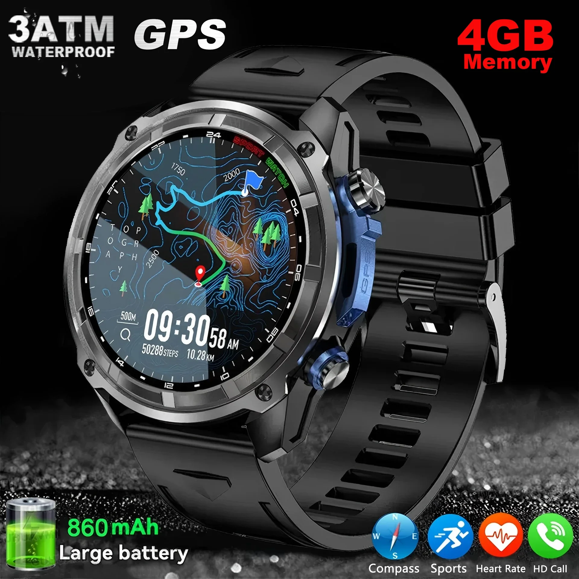 

2025 New T-Rex 3 Militray Smartwatch Men 4GB Memory Built-in GPS Offline Map Amoled Waterproof Watches Man Smart Watch