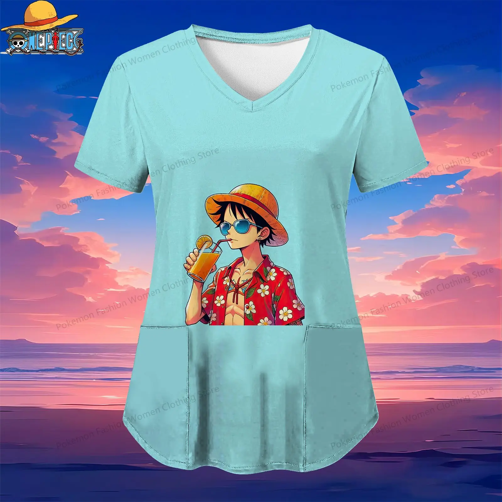 

Pocket One Piece Women's V Neck Nurse Uniform T-Shirt Summer Short Sleeve Top Luffy Street Wear Kawaii S-2XL Woman Clothing Y2k