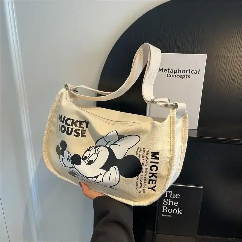 Disney\'s New Mickey Cartoon Canvas Bag for Women Large-capacity Shoulder Saddle Bag Student Class Cross-body Dumpling Bag