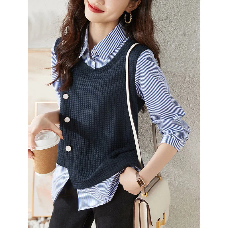 Fashion Button Spliced Fake Two Pieces Striped Blouse Women\'s Clothing 2022 Autumn Loose New Casual Pullovers All-match Shirt