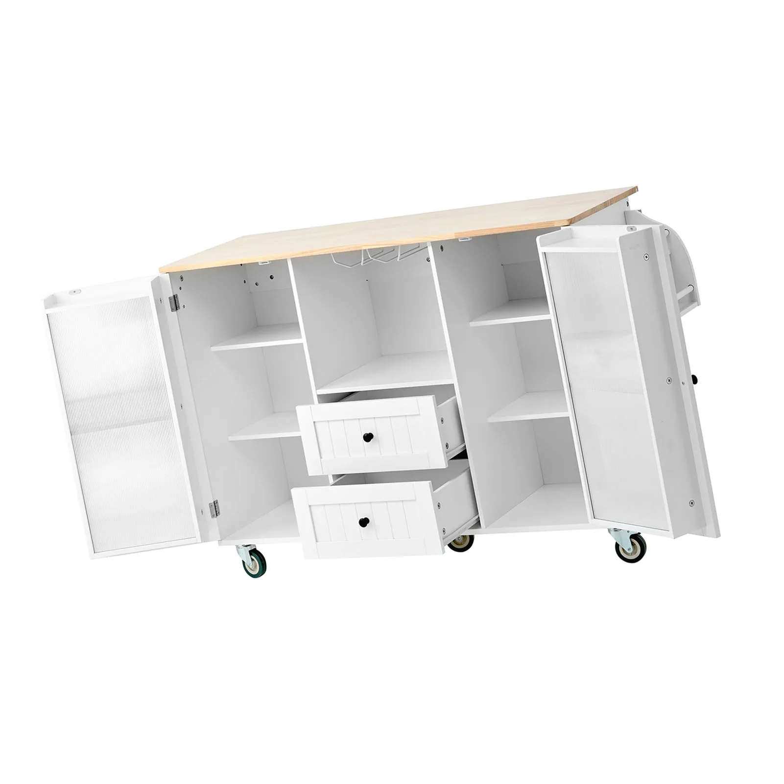 جزيرة المطبخ لطاولة الجزيرة مع طاولة دوارة على عجلات مع رف تخزين مفتوح من جانب سطح السقوط باللون الأبيض