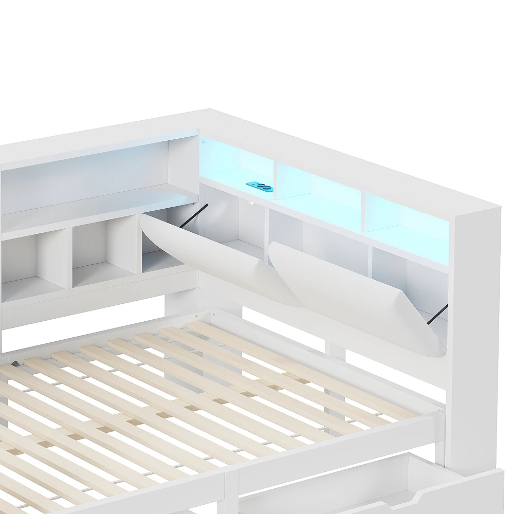 90x200 L-förmiges Plattformbett aus Holz mit Schreibtisch und Bücherregal, Eckkapitänsbett mit gepolstertem Kopfteil, Schubladen, LED-Licht – Detail 27