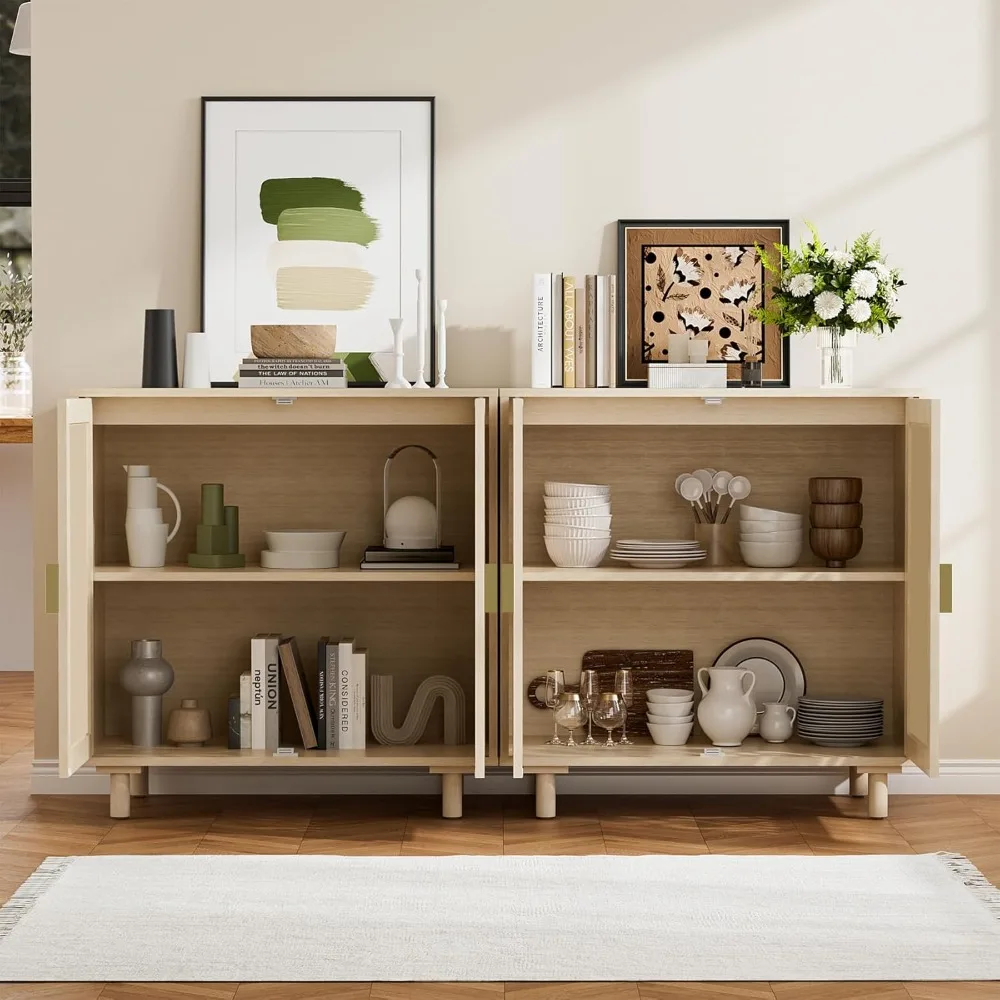 Armoire de rangement en rotin, buffet Boho beige avec étagère réglable, loquet de porte magnétique. (2 pièces, Beige.)
