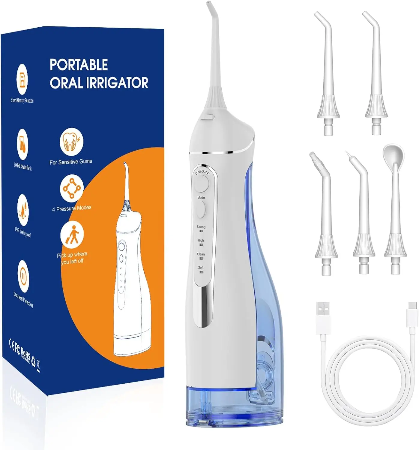 

IPX7 Water Flosser, 300ml Tank, 4 Modes, 5 Jet Tips for Teeth & Gums