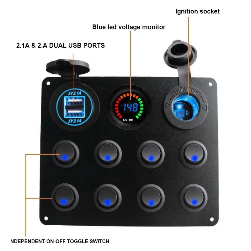 Waterproof DC 12V 24V Panel for Marine Car Boat 8 gang Led Rocker Switch 4.2A USB Charger Rocker Switch Control Panel