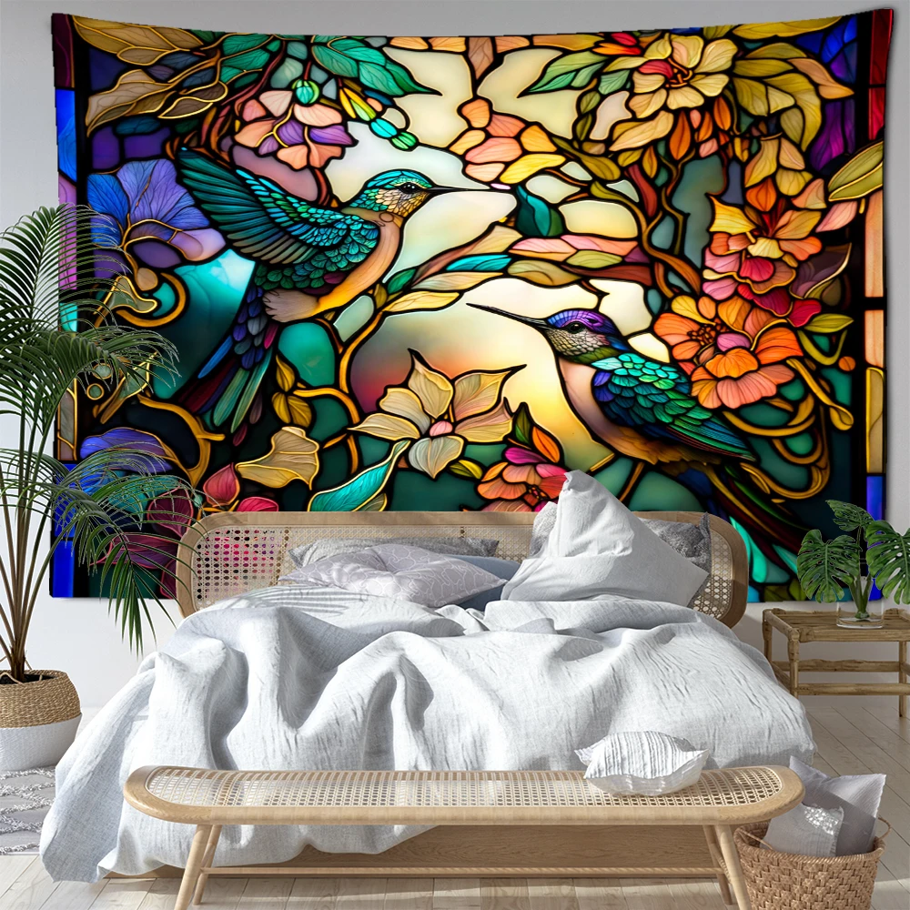 Relief Flower And Hummingbird Pattern Tapestry Wall Hanging Abstract Retro Art Bohemian Bedroom Living Room Home Decor