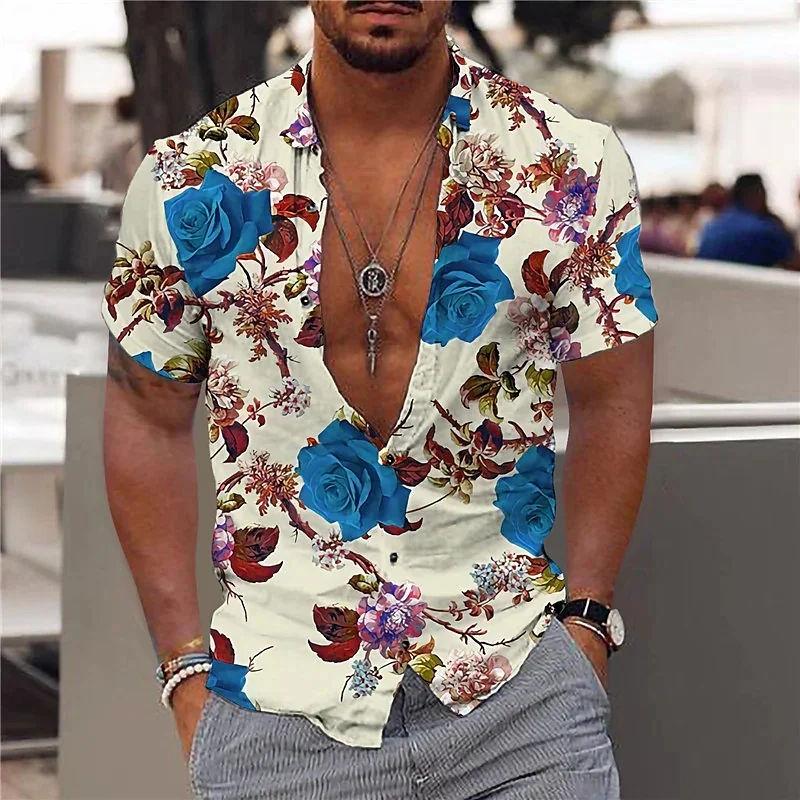 Men\'s Flower Pattern Hawaiian Floral Shirt Elegant Society Social Casual Vacation Slim Fit Fashion Tight Y2k Harajuku Clothing