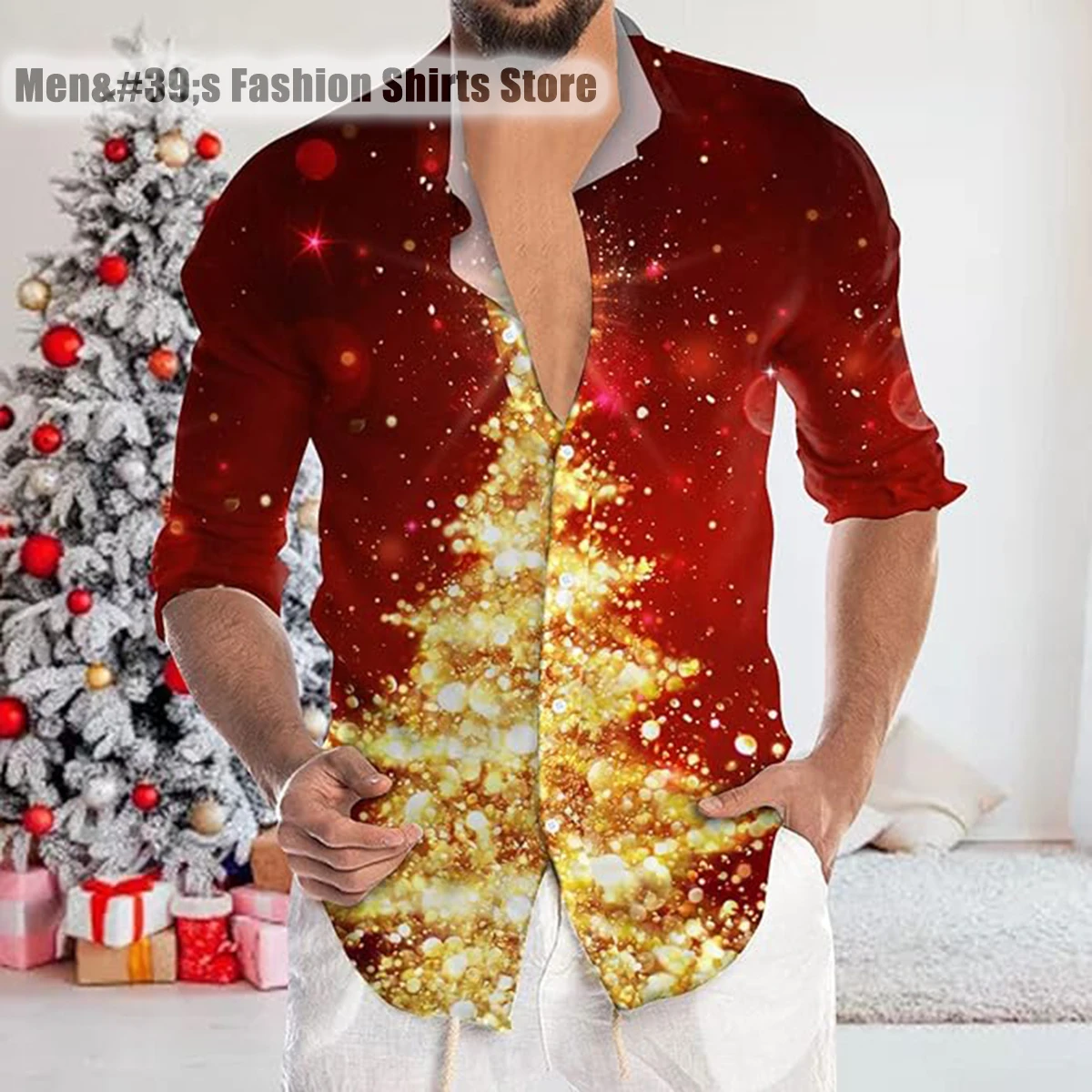 Men's Long Sleeve Button Lapel Shirt Glowing Christmas Tree and Santa Claus Pattern Series 3D Printed Casual Loose Shirt