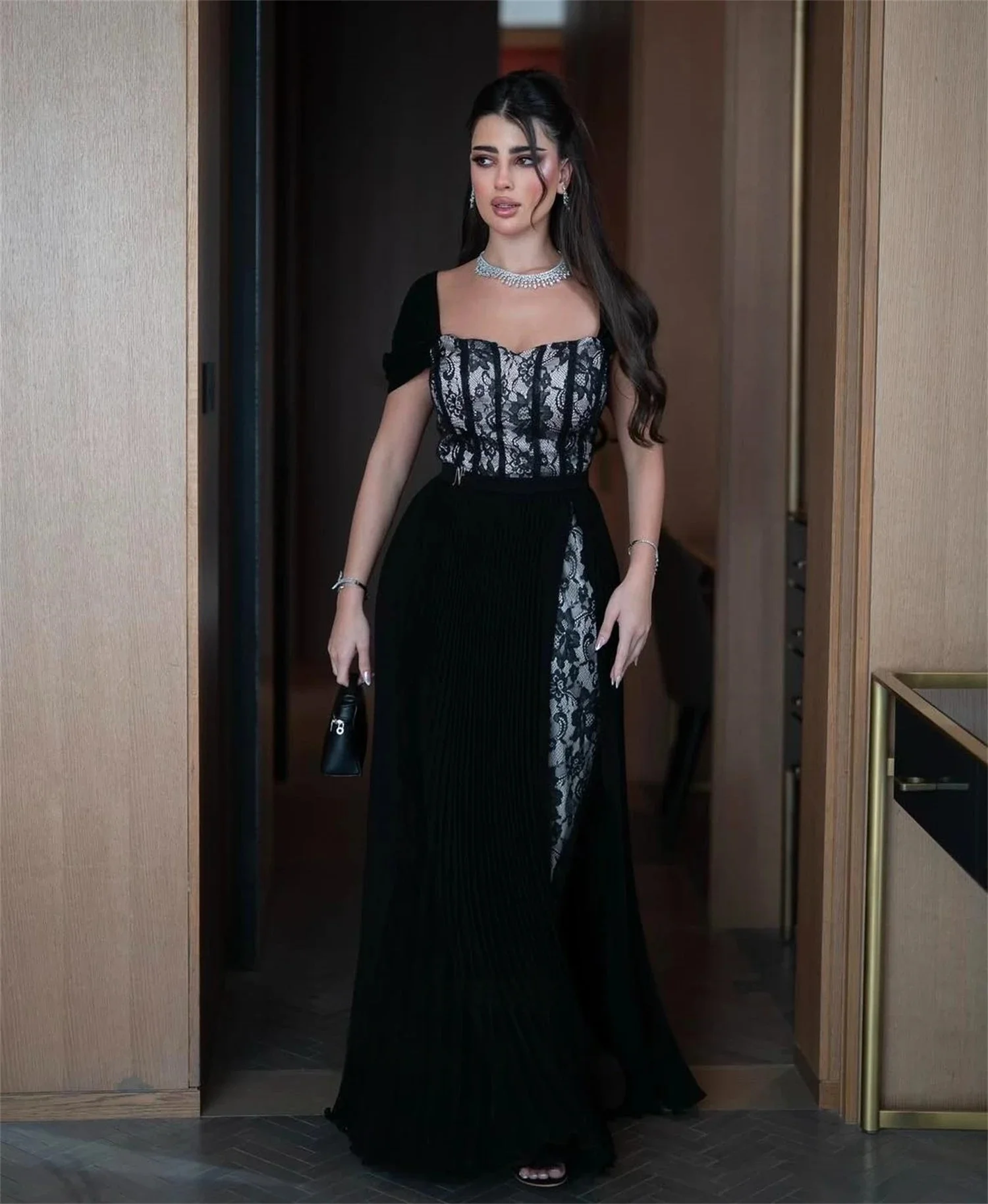 

Black Chiffon Lace Long Bespoke Occasion Gown Evening Dresses Prom Pastrol Unisex Jersey Retro Dubai Saudi Arabic Customized