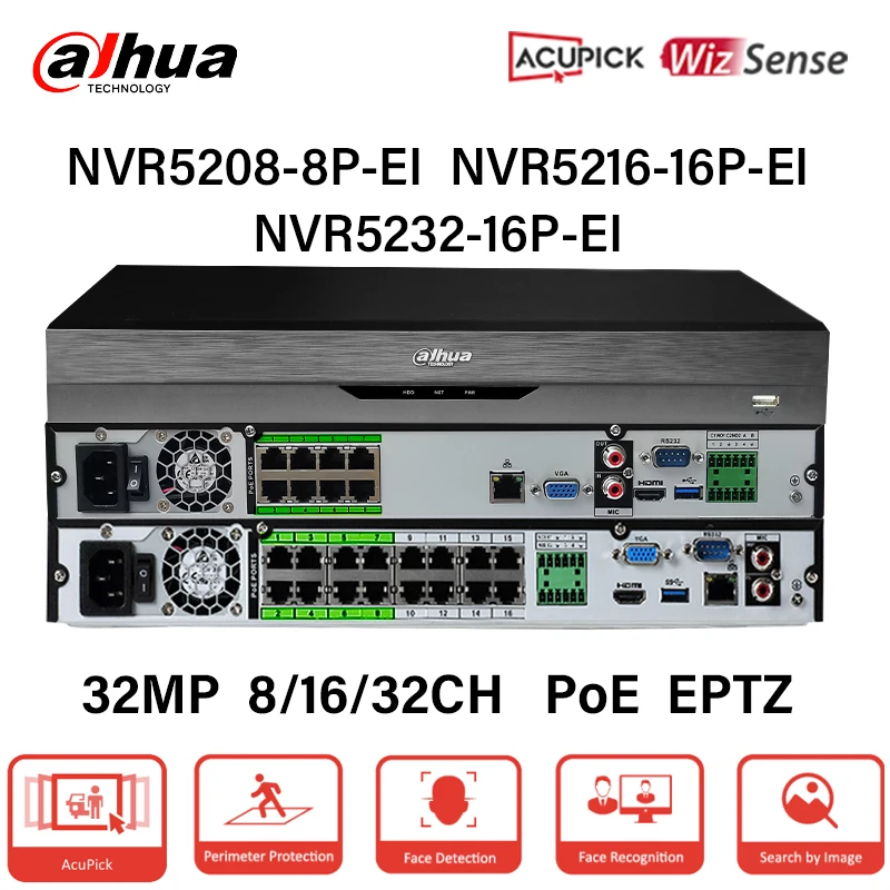 Dahua Original MultiLang 8/16/32 Channels 8/16 PoE NVR Smart AcuPick EPTZ Face Recognition Network Video Recorder NVR5208-8P-EI
