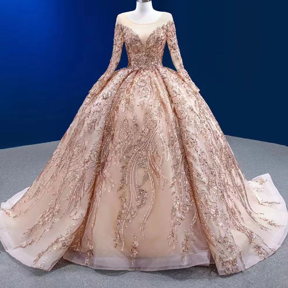 

Customizable O-Neck Evening Prom Dress With Long Sleeves Lace-Up Back And Sequined Embroidery For Women