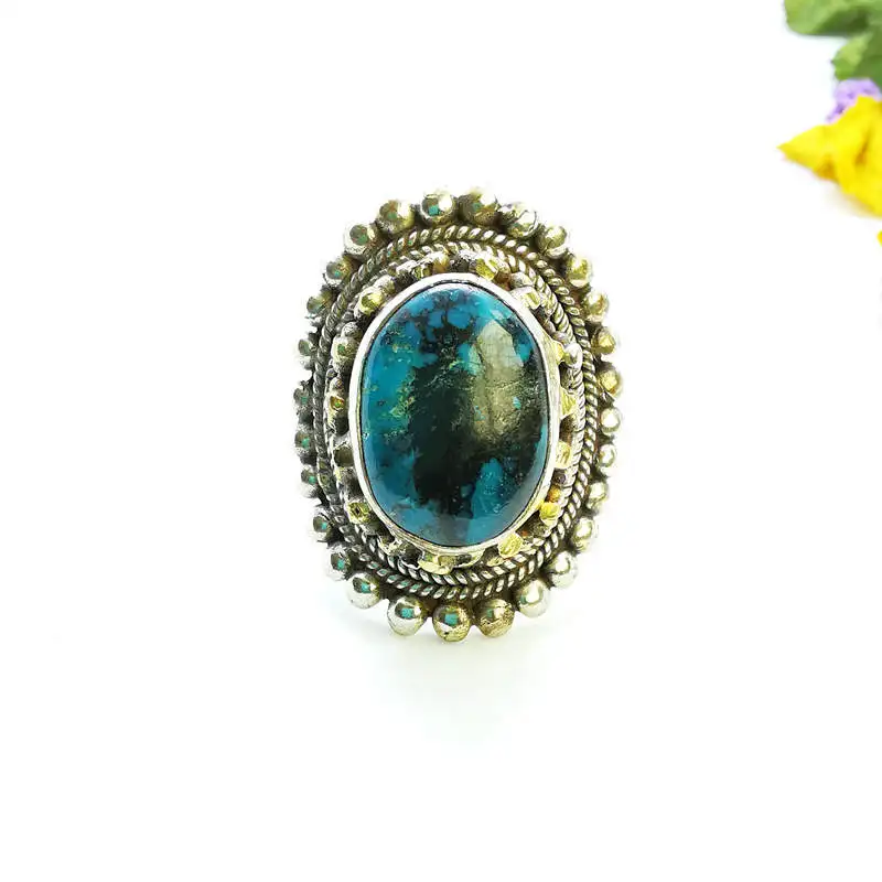 Vintage Semi-gemstone Metal Rings Copper inlaid Natural Agate Moonstone Big Strawhat Ring R229