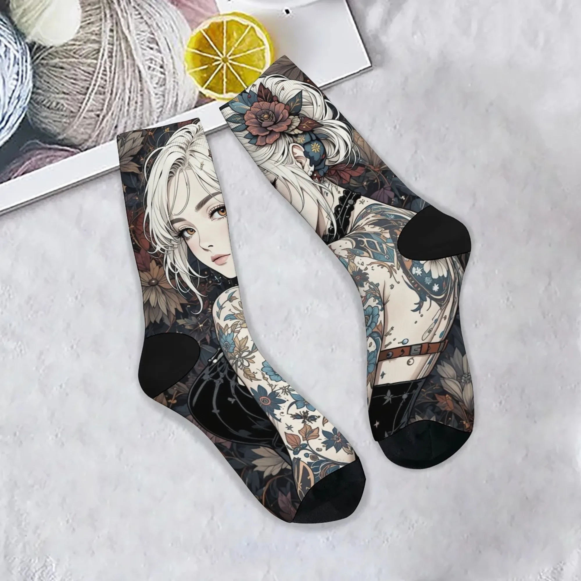

Anime Tattoo Girl Art Floral Socks Harajuku Hip Hop Cartoon Socks Novelty Funny Happy Crew Socks Unisex Leisure Sports Outdoor