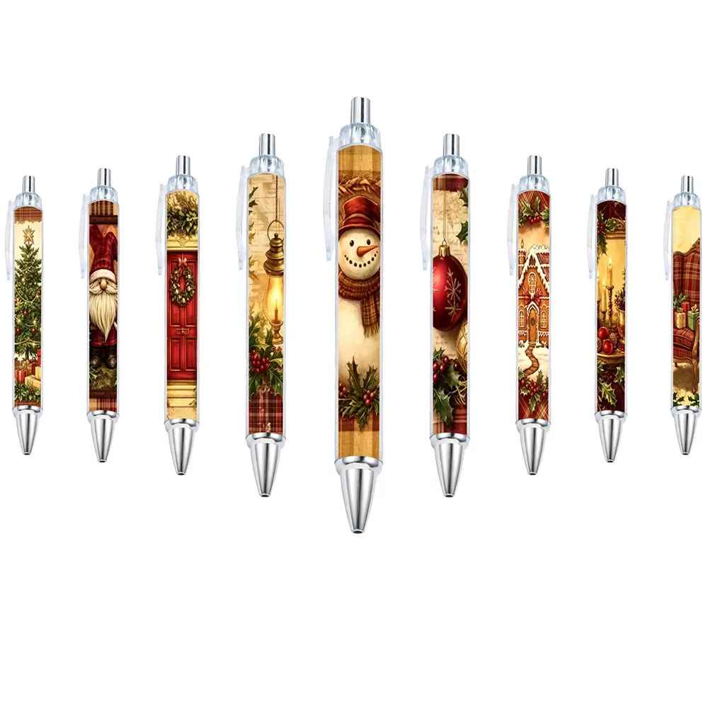 11Pcs Warm Brown Plaid Christmas Snowman Gnome Christmas Tree Gel Pens, Press-Type Writing Pens, Random Patterns