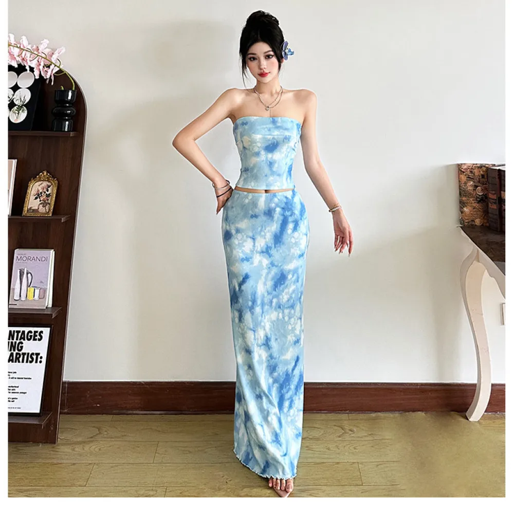 SylCue Tie-Dye Design 2 Piece Set Women Sexy Backless Navel Exposed Strapless Tops+Skinny Long Skirts Summer Beach Style Outfits