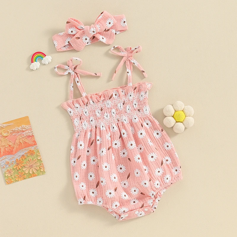 Baby Girl 2 Piece Outfits Floral Print Bandage Straps Sleeveless Romper and Headband Set Cute Fashion Summer Clothes