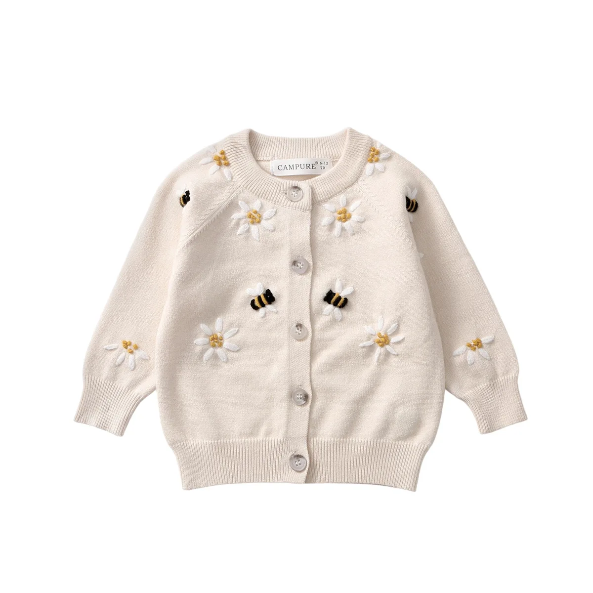 

2025 Autumn Winter Girls Beige Knitted Cardigan Jacket Long Sleeve Round Neck Top Toddler Kids Flower Embroidery Sweater