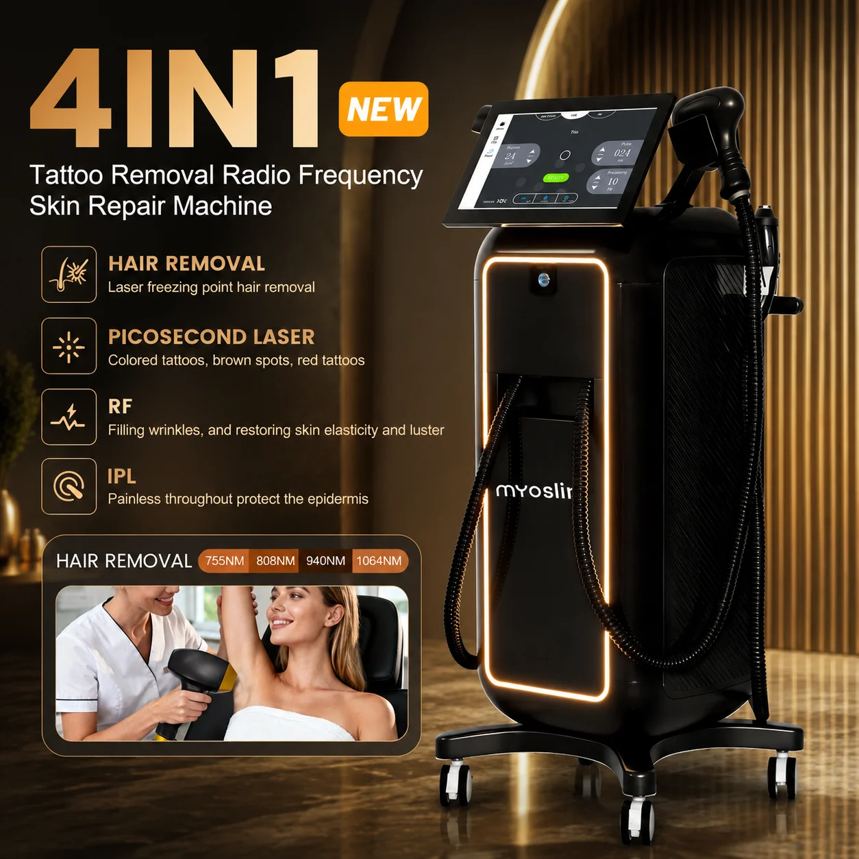Professional 4-in-1 Beauty Machine for Hair Removal, Tattoo Removal, Skin Rejuvenation, IPL Treatment & Skin Care System