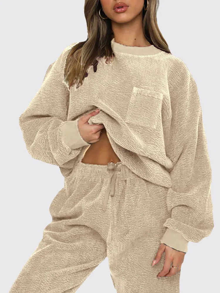 

O-Neck Loungewear Autumn Winter Outfit Women Fashion Long Sleeve Pullover Top Solid Two Pieces Ladies Matching Sets Dropshipping