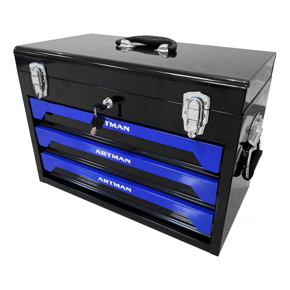 20'' Portable 3-Drawer Steel Toolbox 4 Layers of Tools with Metal Latches with Top Storage Tray Carrying Handle Multi-Function