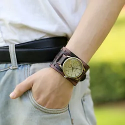 Men Watches Punk Retro Decorative Wide Strap Quartz Watch Male Clock Leather Bracelet Male Quartz Wristwatch Relógios Masculino