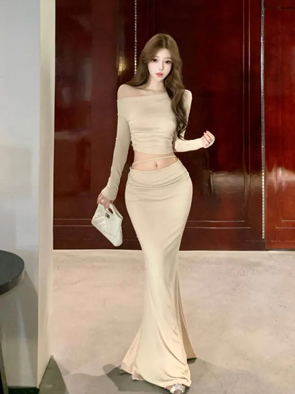 

Ele Godd Sle Sexy Slant oulder Top And Fi Tail Skirt Set Comfortable Long Sve High Waist Autumn Faion