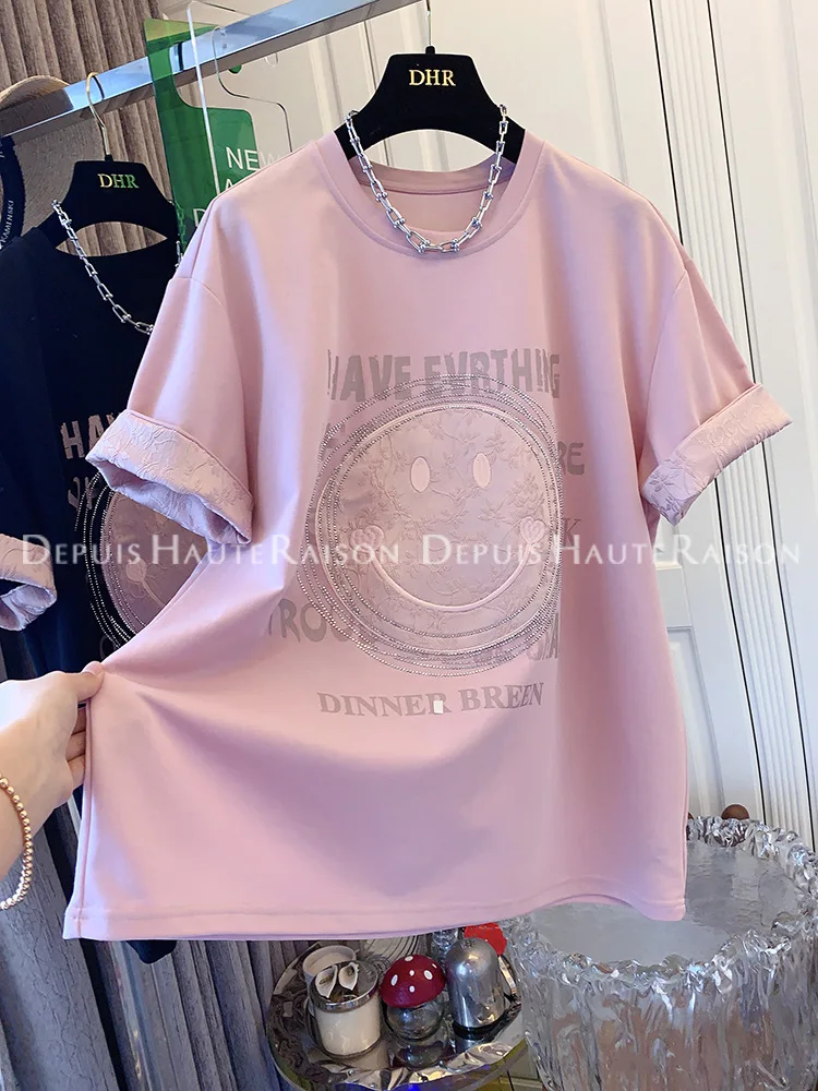 

Summer Extra Large Tshirt, Women's Short Sleeve Tee, O Neck, Embroidered Smiley Face, Versatile hot Diamond, Loose TShirt