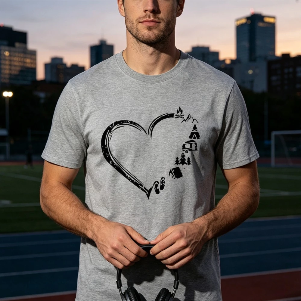 Heart Shape Camping Graphic Tshirt Tent Bonfire Love Nature Outdoor Minimalist Unisex Cotton Tops Adventure Streetwear Tees Tops