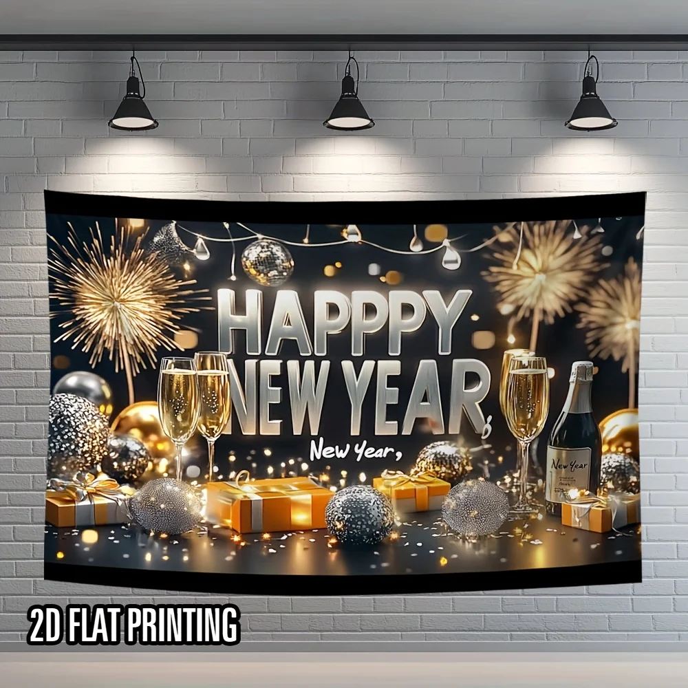 Happy New Year 2026 Tapestry - Elegant Champagne, Gifts and Glittering Ornaments for Festive Celebration, Perfect for Home Decor