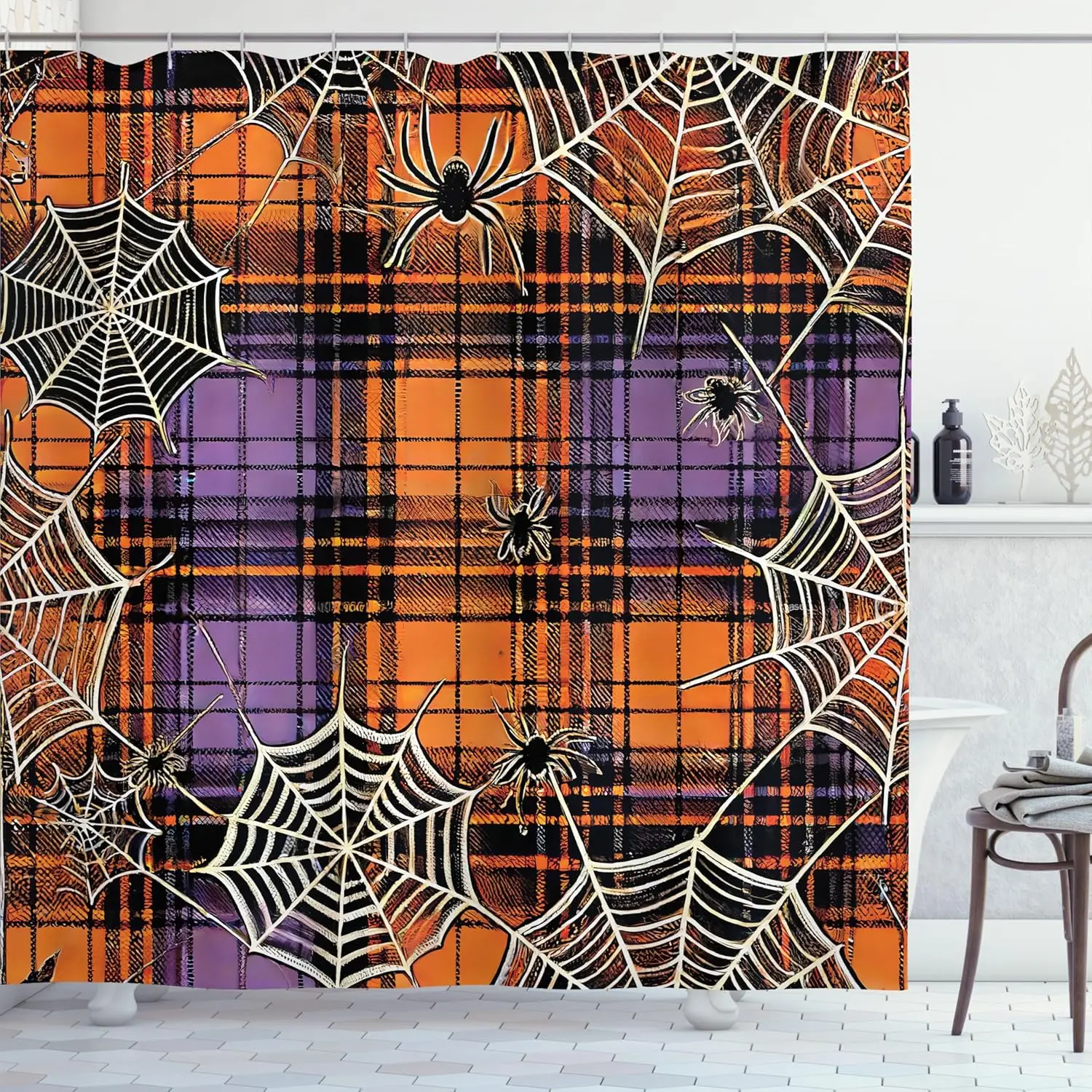 

Spider Web Halloween Shower Curtain Plaid Pattern Orange Purple Background Creepy Cute Design Fun Bath Decor For October
