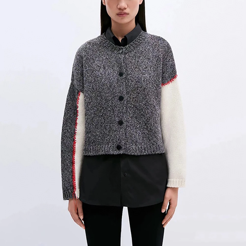 

Wool Blend Women's Cardigan Y2k Clashing Stitching Single Breasted Round Neck Long Sleeve Knit Top Sweater 2024 Winter New