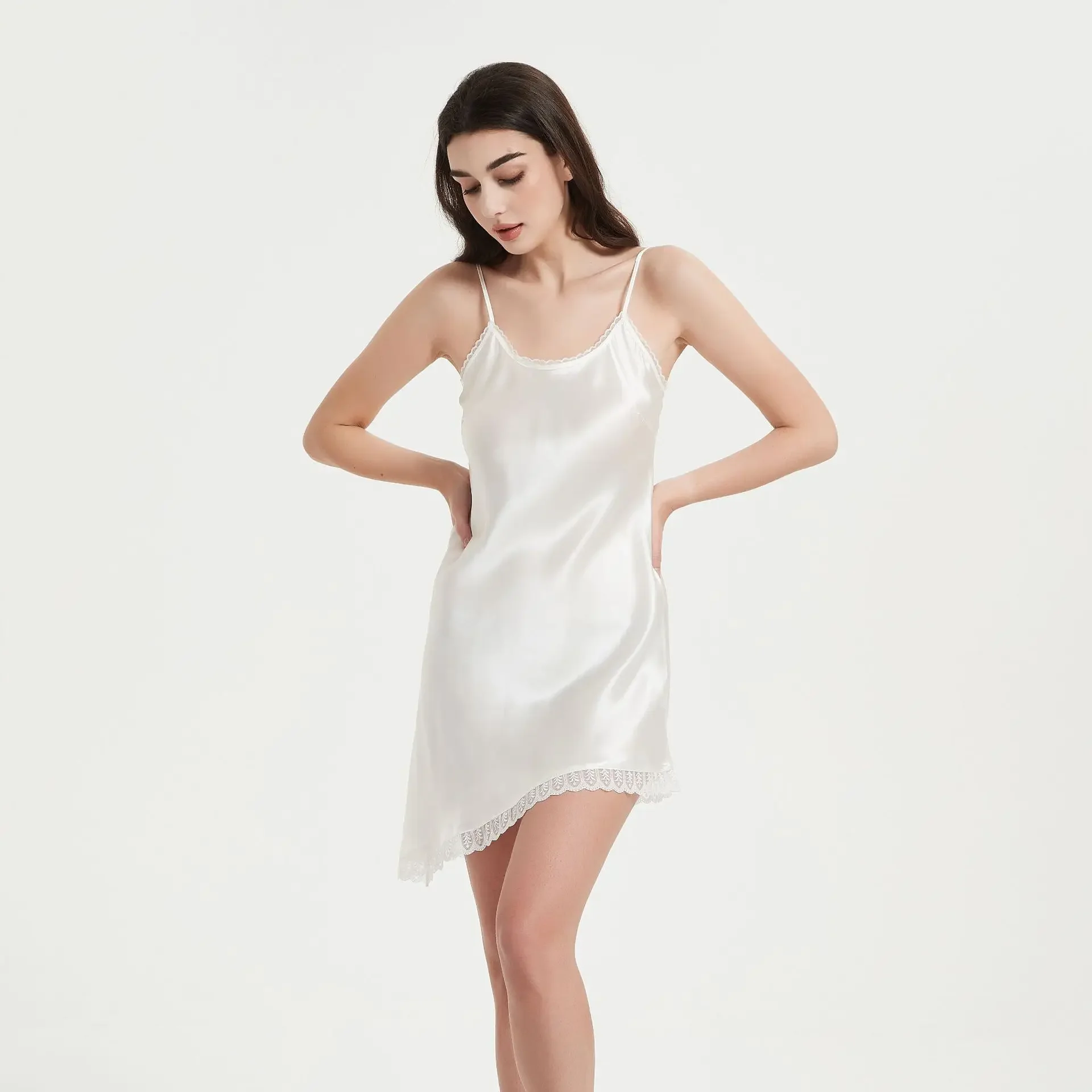 Sexy Bias Cut silk Slip Nightgown for Women Asymmetric Hem Chemise 100% Mulberry Silk Strappy Nightdress Designer Loungewear PJS