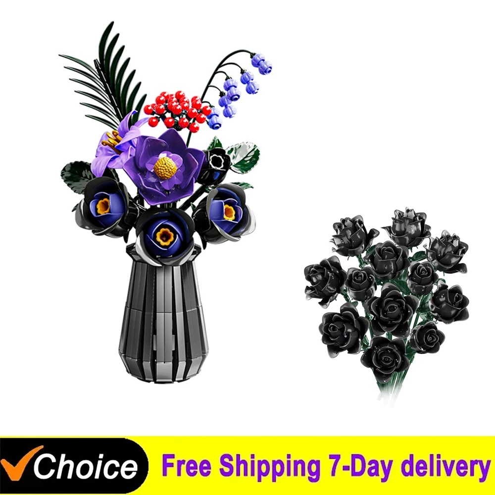 

Creative Home Decoration Black Rose Building Blocks Bouquet Gothic Purple Flowers Toys Valentines Mother's Day Gift