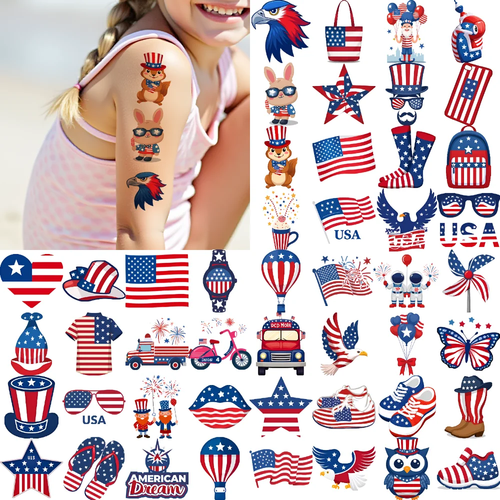 

63pcs Temporary Tattoo Fireworks Waterproof Long-lasting Body Stickers American Dream Patriotic Eagle Cartoon American Flag For