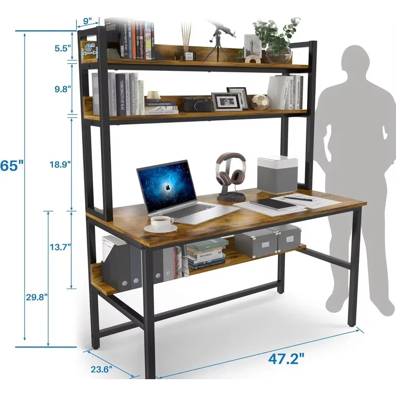 Computer Desk with Hutch & Shelves, 47in Wide Desk with Bookshelf, Home Office Desk, Metal Legs Study Table with Upper