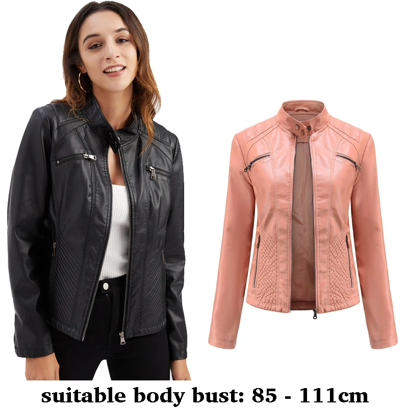 

high quality women short slime leather jacket zipper stand collar motorcycle jacket autumn winter 2025 elegant clothing pink red