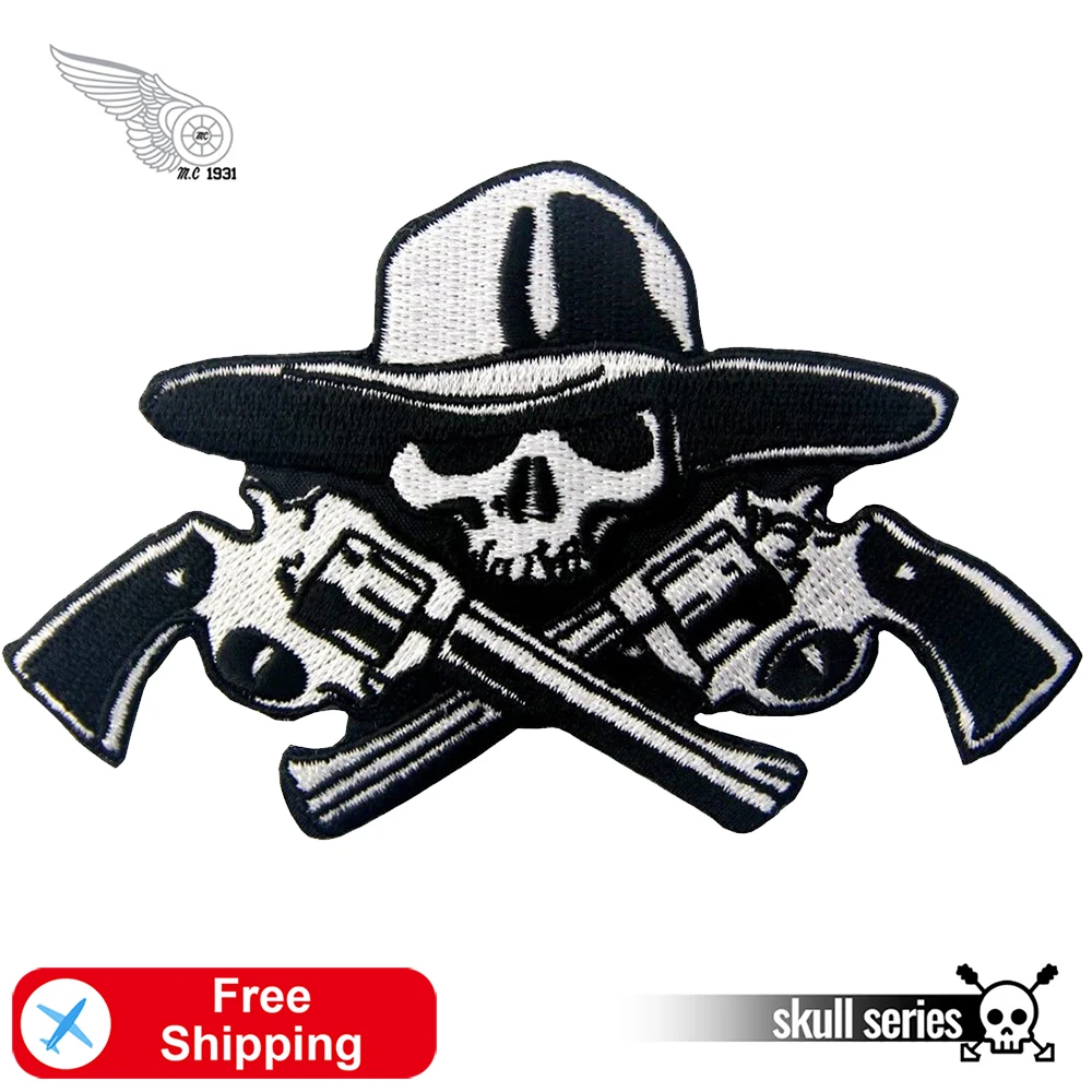 Cowboy Skull with Guns United States Revolver Embroidery Patches Iron on Patches Embroidered for Jackets Black and White DIY