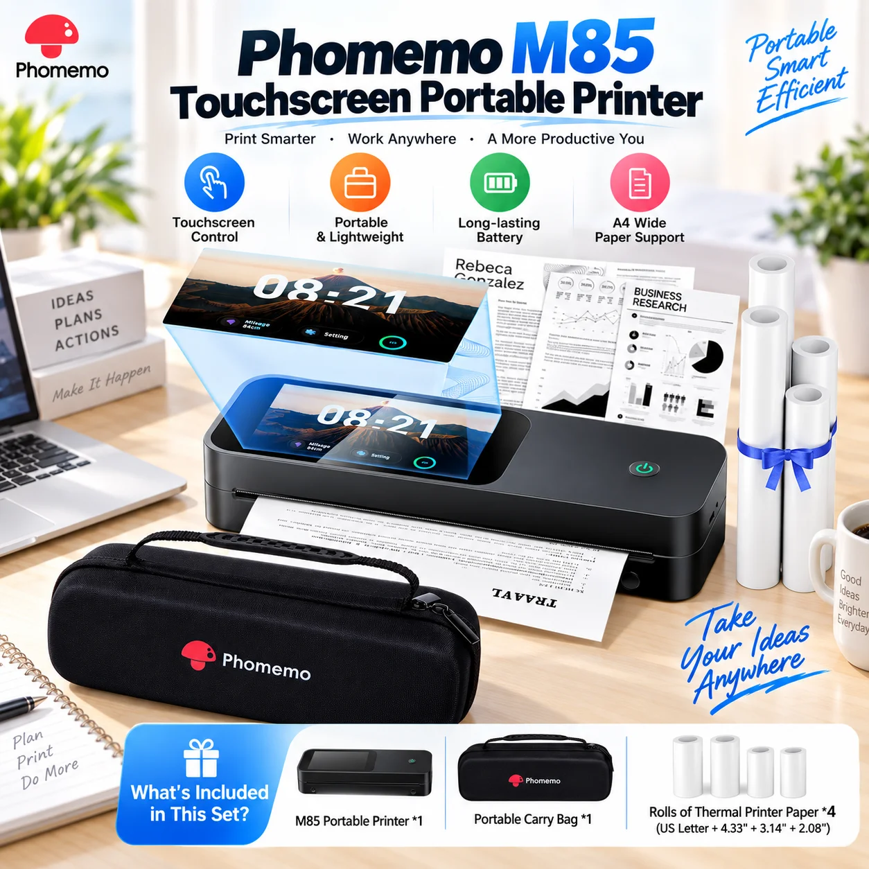Phomemo M85 Portable Thermal Printer with Touchscreen, 300DPI Inkless Bluetooth Printer for A4 US Letter, Phone Laptop Travel