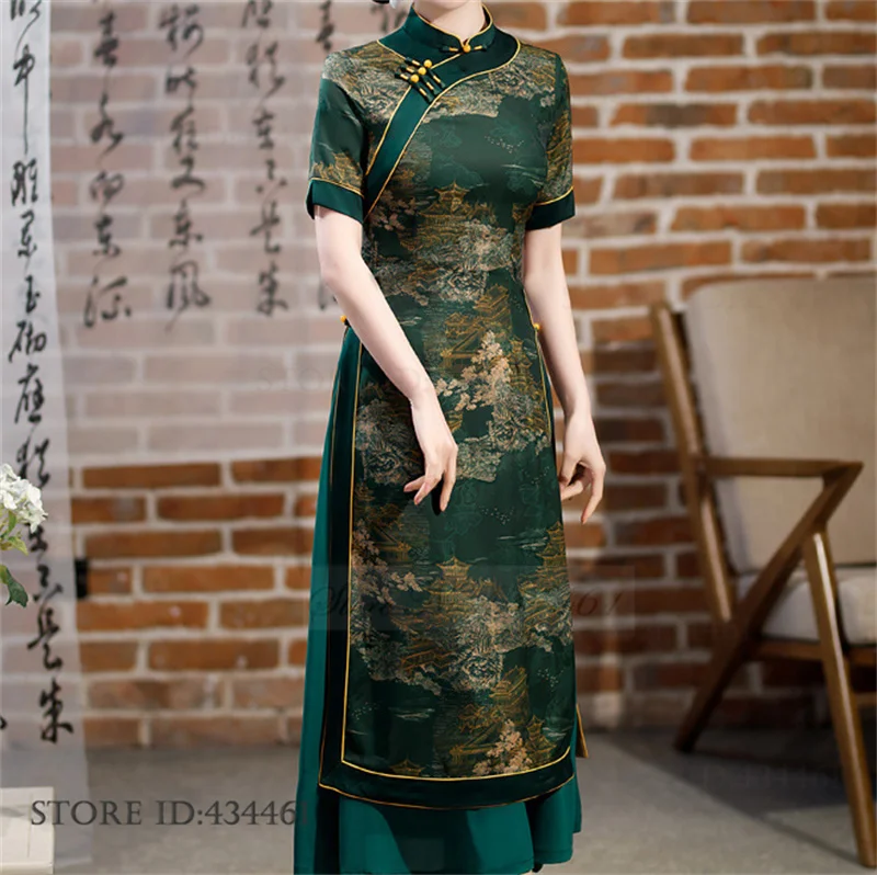 Largre Size Traditional Chinese Ao Dai Qipao Lady Long Dress Classic Print Cheongsam Sexy Slim Satin Vestidos Evening Party Gown