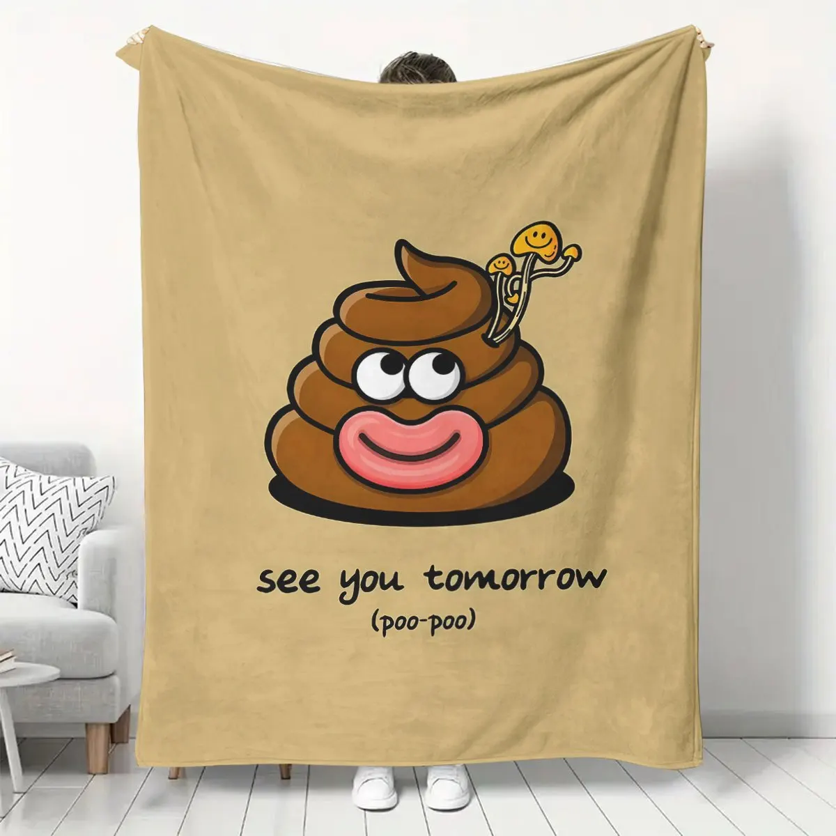 Travel Essential, Ultra-Soft Flannel Throw Blanket with Whimsical Poop Design – Cozy, Reversible, All-Season Blanket for Sofa, H