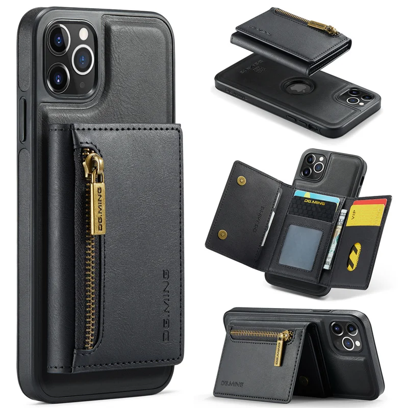 

2-in-1 detachable Magnetic Leather Wallet Phone Case for iPhone15 14 12 13 11 Pro Max zipper Slot Pocket Phone Cover Accessories