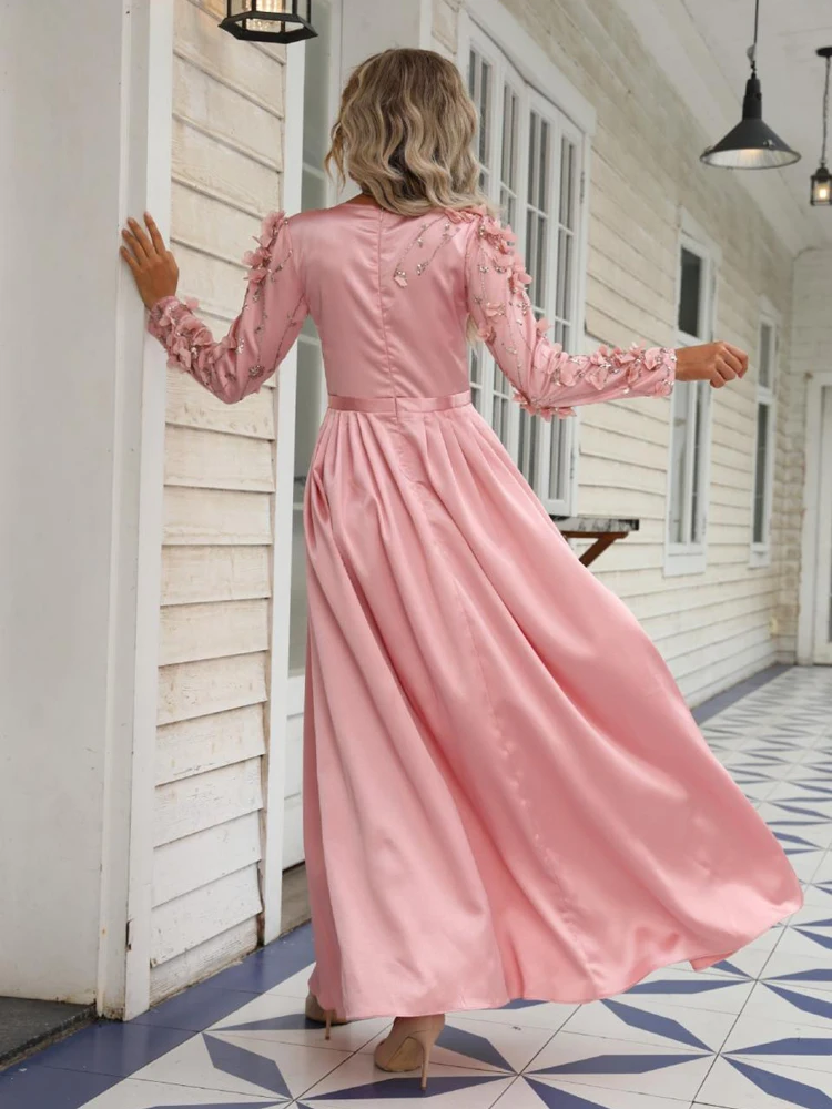 Women's Dusty Pink Satin Maxi Dress, Long Sleeve A-Line Evening Gown with 3D Floral Appliques Sleeves, Elegant Vestidos