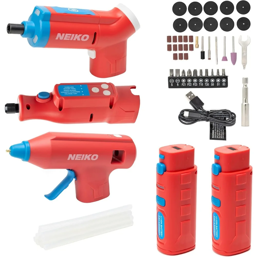 

Набор роторного инструмента 3.6В, 46 предметов, с клеевым пистолетом 20Вт, 20 клеевыми стержнями, набор отверток 34 предмета, зарядка через USB