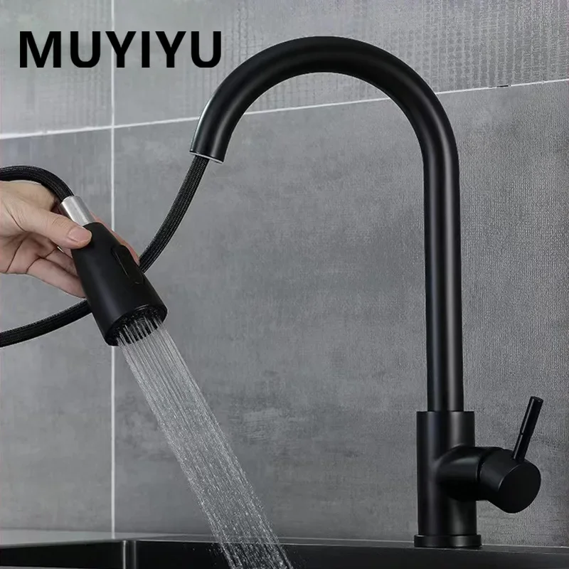 MUYIYU Kitchen Faucet Pull Out Mixer Black Two Function Single Handle Hot Cold Water Taps Deck Mounted With G1/2 Water Pipes