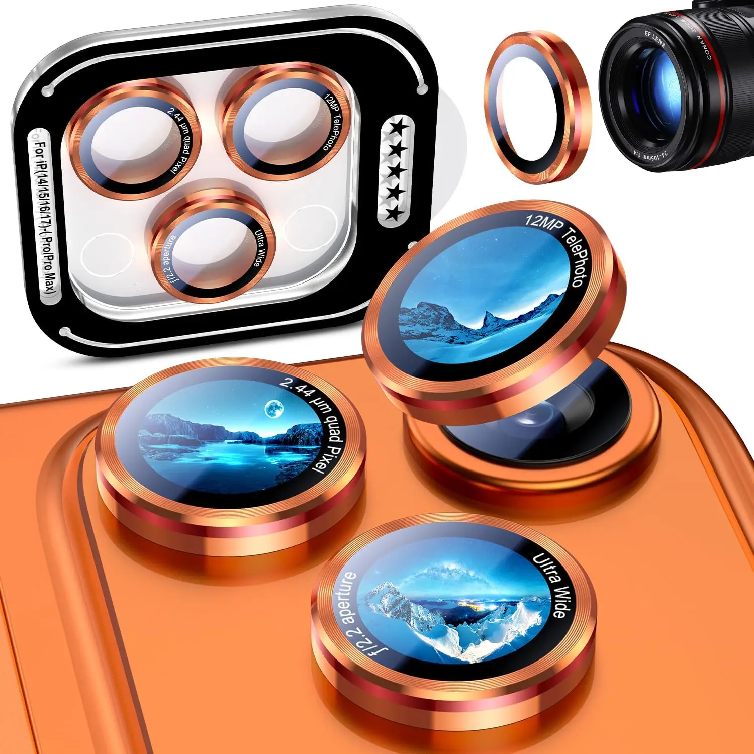 Orange Camera Lens Protector Cover For iPhone 17 Pro Max Air 16 Plus 15 14 13 Mini 17Pro Tempered Glass Metal Phone Protection